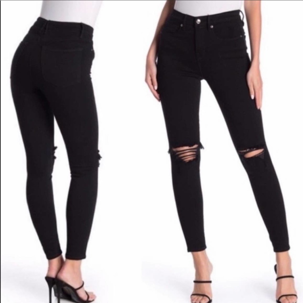 Good American Good Legs Black High Rise Skinny Jeans Distressed Knees Size 6 28